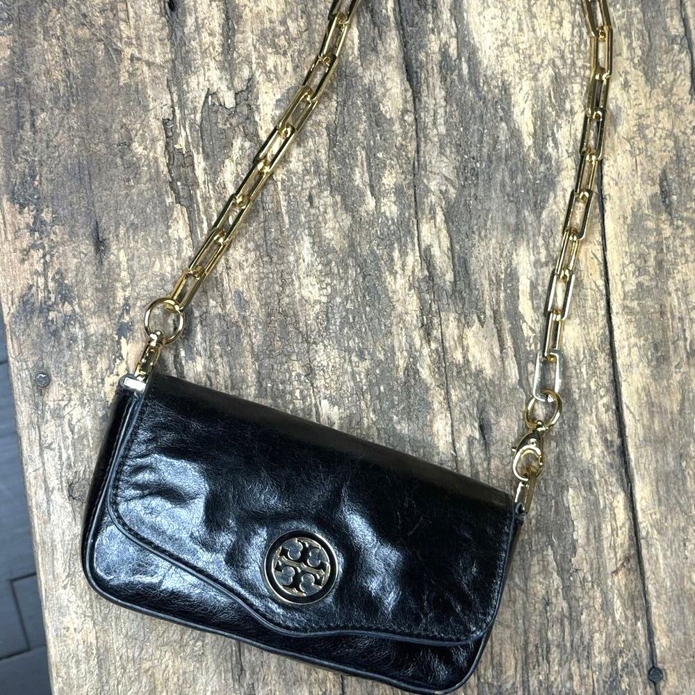 Tory Birch Amanda Black Mini Clutch Crossbody Gold Chain Removable Strap Leather